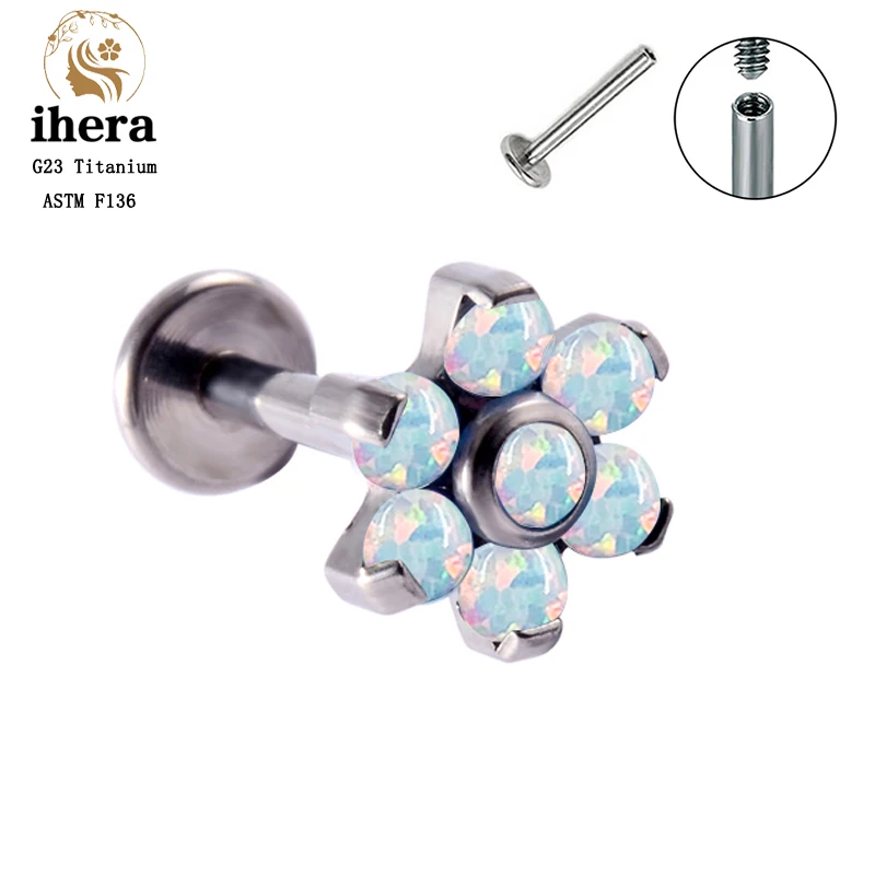 G23 Titanium Opal Flower Piercing Stud Earrings Labret ASTM F136 16G Lip Stud Ear Tragus Cartilage Piercing Women Body Jewelry