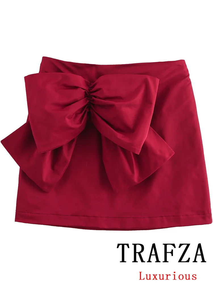 Trafza vintage casual chique saia feminina sólido arco zíper em linha reta tatting mini saia moda 2024 outono inverno saias de festa