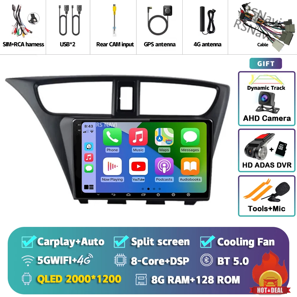 Android 15 Carplay Auto Voor Honda Civic Hatchback 2012 2013 2014 2015 2016 2017 Multimedia Autoradio Speler WIFI + 4G DSP Stereo
