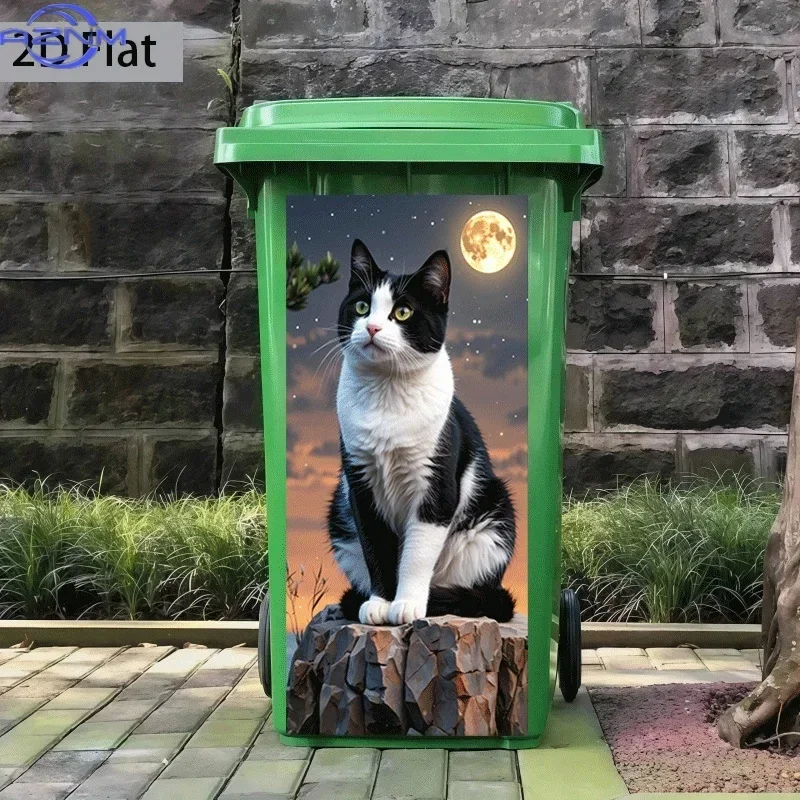 2D 1PCTrash Can Sticker, Moonlit Night Black and White Cat Shadow Themed Design, Self-Adhesive Wall Decal Wallpaper, Kitchen T