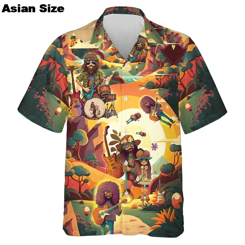 

Hippie Music Graphic Beach Shirts For Men Hip Hop Rock Singer Lapel Blouse Casual Streetwear Short Sleeve Male Button Tops