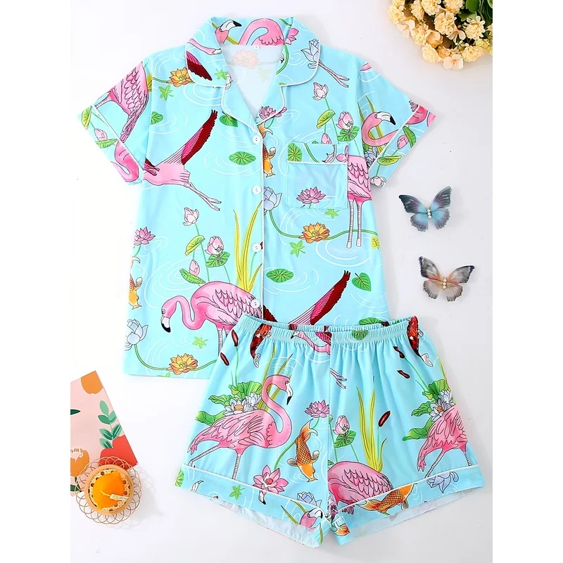 Women's Tropical Flamingo Print Pajama Set Short Sleeve Button Down Top Shorts Soft Sleepwear Loungewear Summer Home Wear