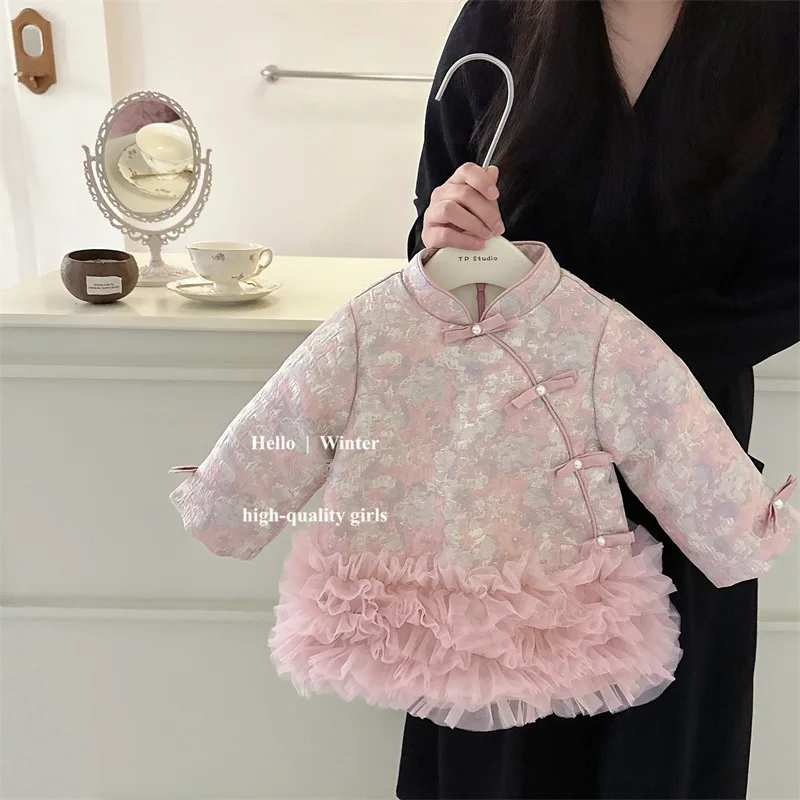 

In Stock Instant Delivery Girls' Quilted Double-Sided Tang Suit Dress New Chinese Style Mesh Cheongsam Dress Children's New Year