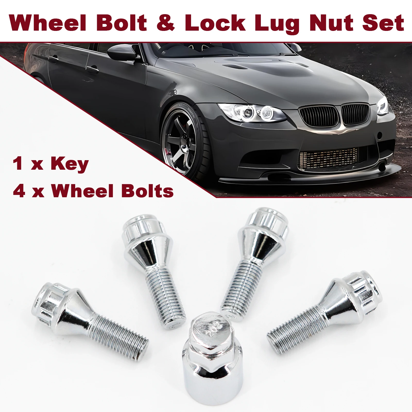 Wheel Bolt M12 x 1.5 17mm Hex 26mm Thread Chrome Locking Seat Lug Nuts & Security Key Anti Theft For BMW MINI Vauxhalls Nissan