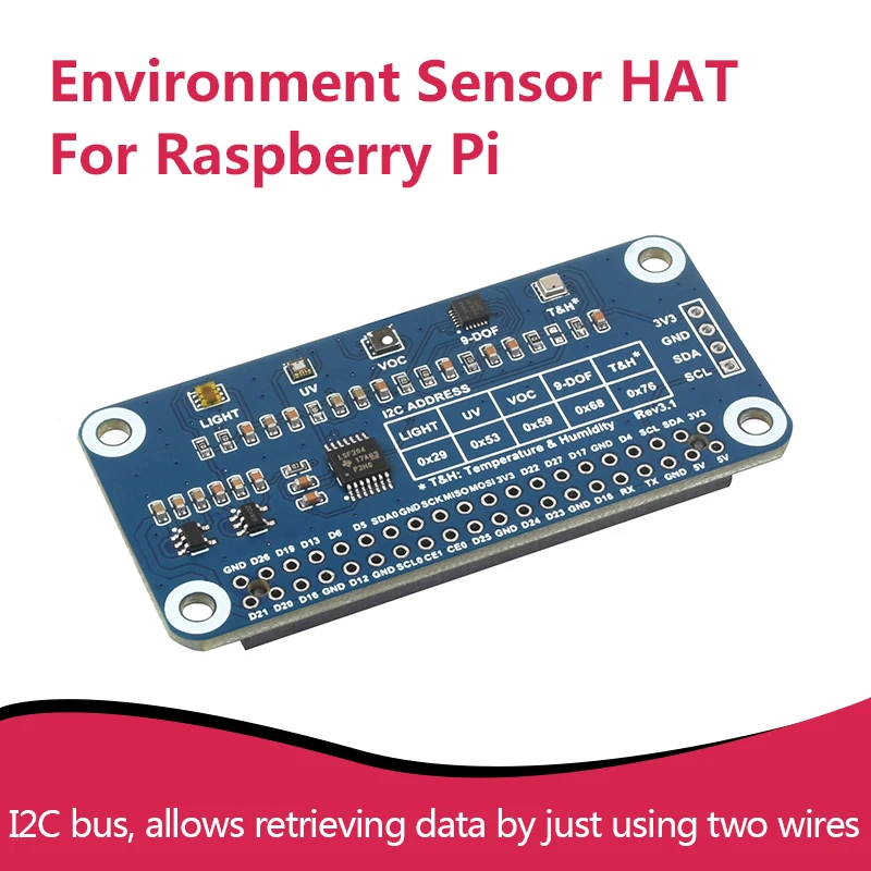 Environment Sensor HAT for Raspberry Pi,I2C Bus,onboard resources including ambient light sensor,VOC sensor,IR/UV