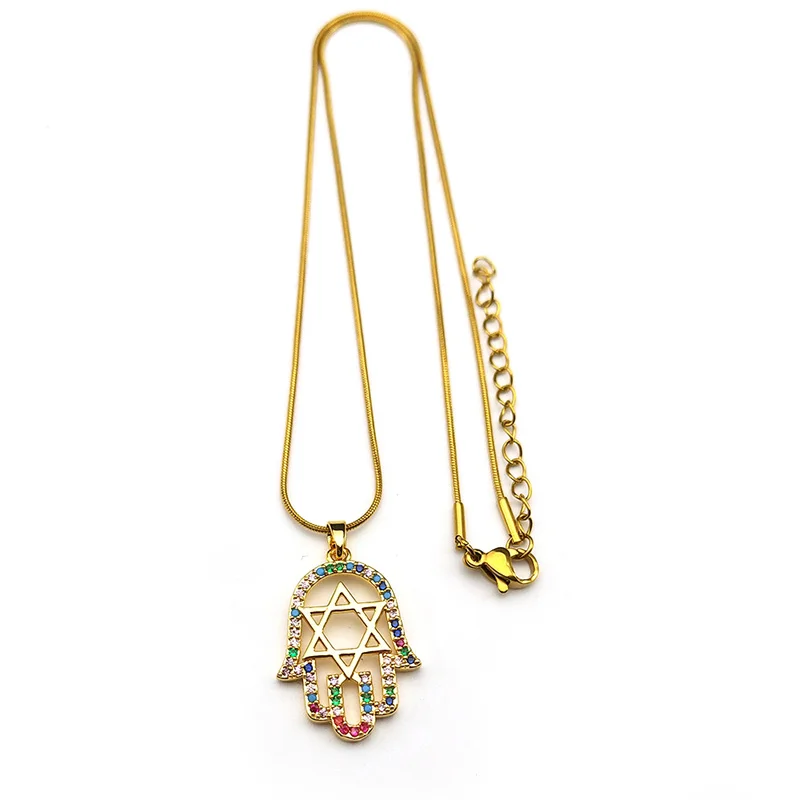 Bunte Kristall-Davidstern-Hamsa-Hand-Kupferanhänger-Halsketten für Damen, Edelstahl-Fatima-Hand-Amulett-Schmuckgeschenk ﻿ – Detail 6