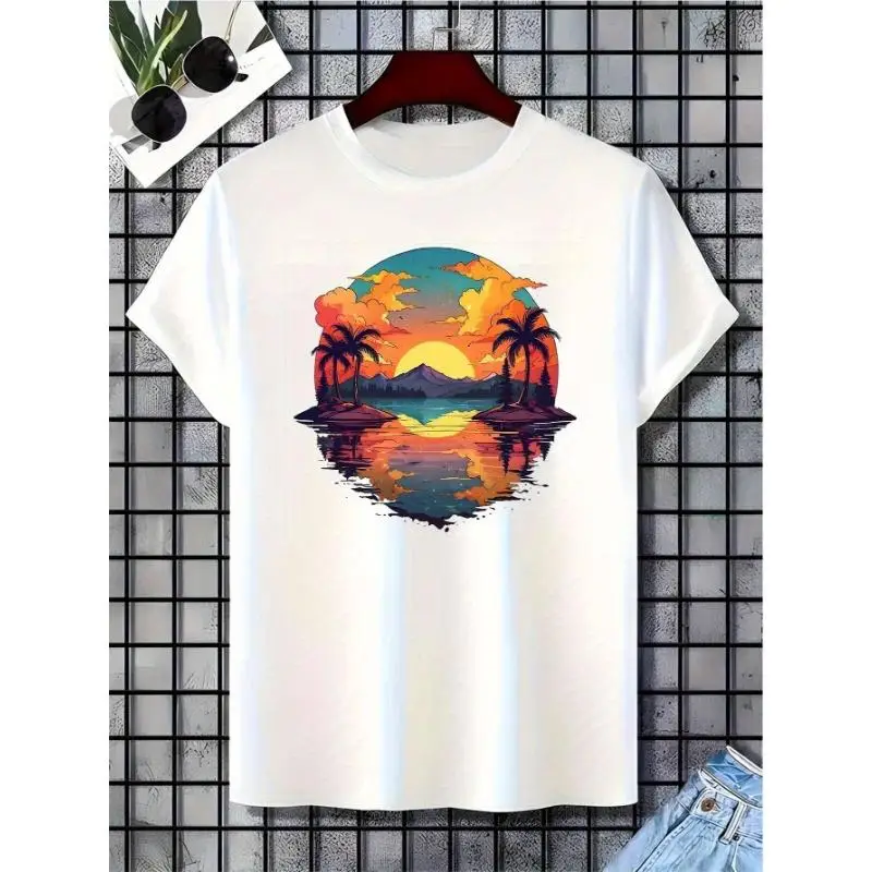 

Tropical Sunset T-Shirt Palm Tree Beach Graphic Tee Unisex Summer Vacation Apparel Relaxing Holiday Gift