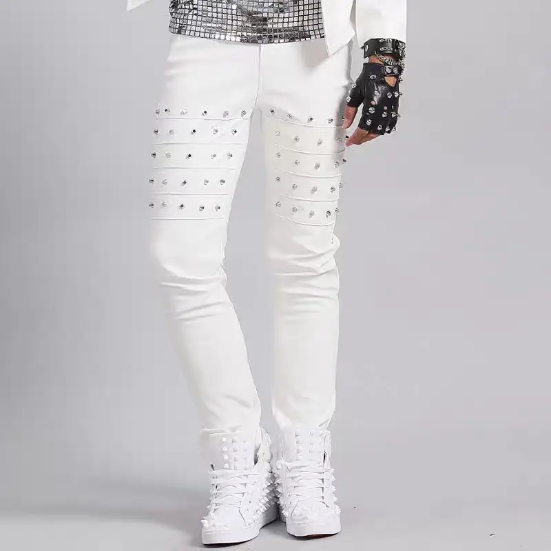 Men's Fashion Rivets Leather Pants Nightclub Male Singer Dancer Personality Slim Pants Stage Show Bar Hiphop Dance accessory