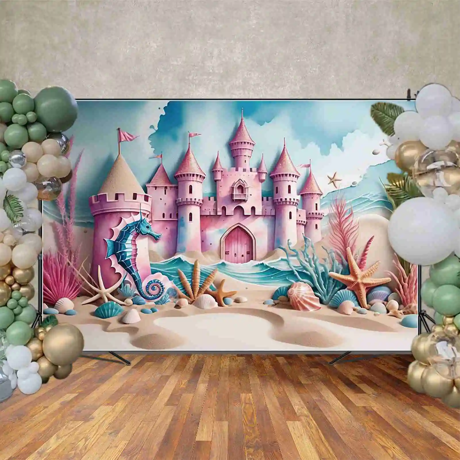 حورية البحر الفتيات حفلة عيد ميلاد خلفية التصوير الفوتوغرافي الصيف شاطئ الرمال القلعة الأميرة خلفية الأطفال اطلاق النار الدعائم