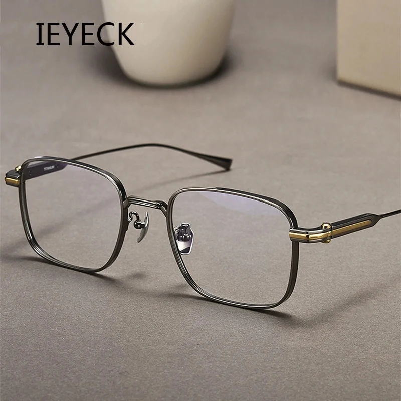 ieyeck-ハイエンドチタン眼鏡フレームビッグフェイスレトロスクエアメンズ快適な光学処方メガネフルフレーム男性