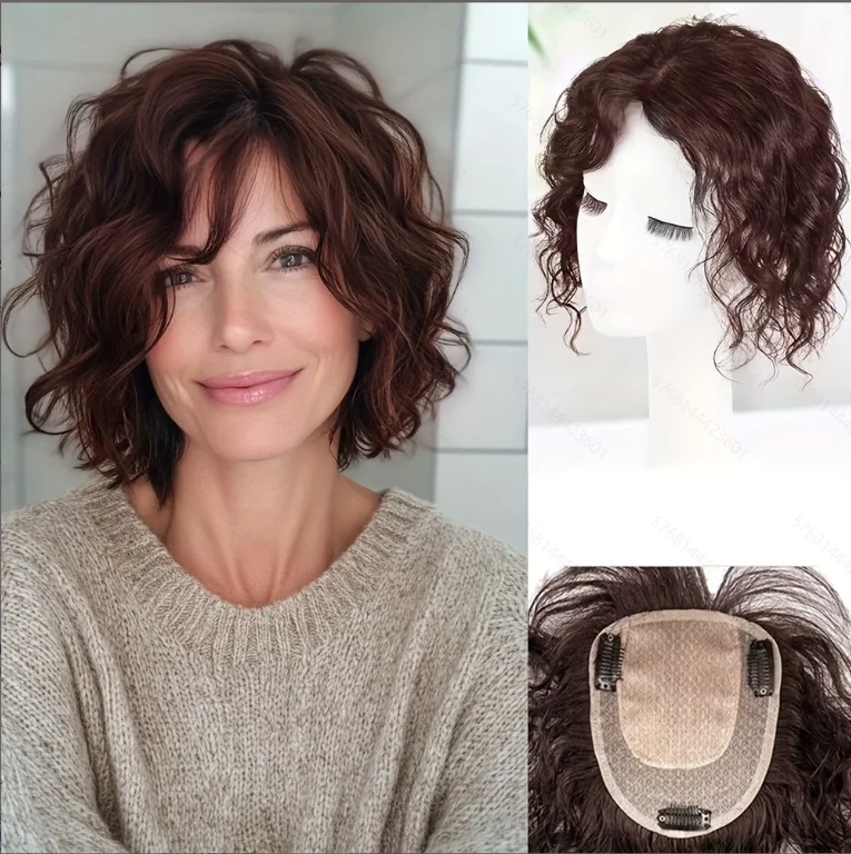 Short Water Wave Hair Topper For Women Synthetic Clip In Hairpiece Fluffy Curly Top Toupee Natural Scalp Base Cover Thinning Hai