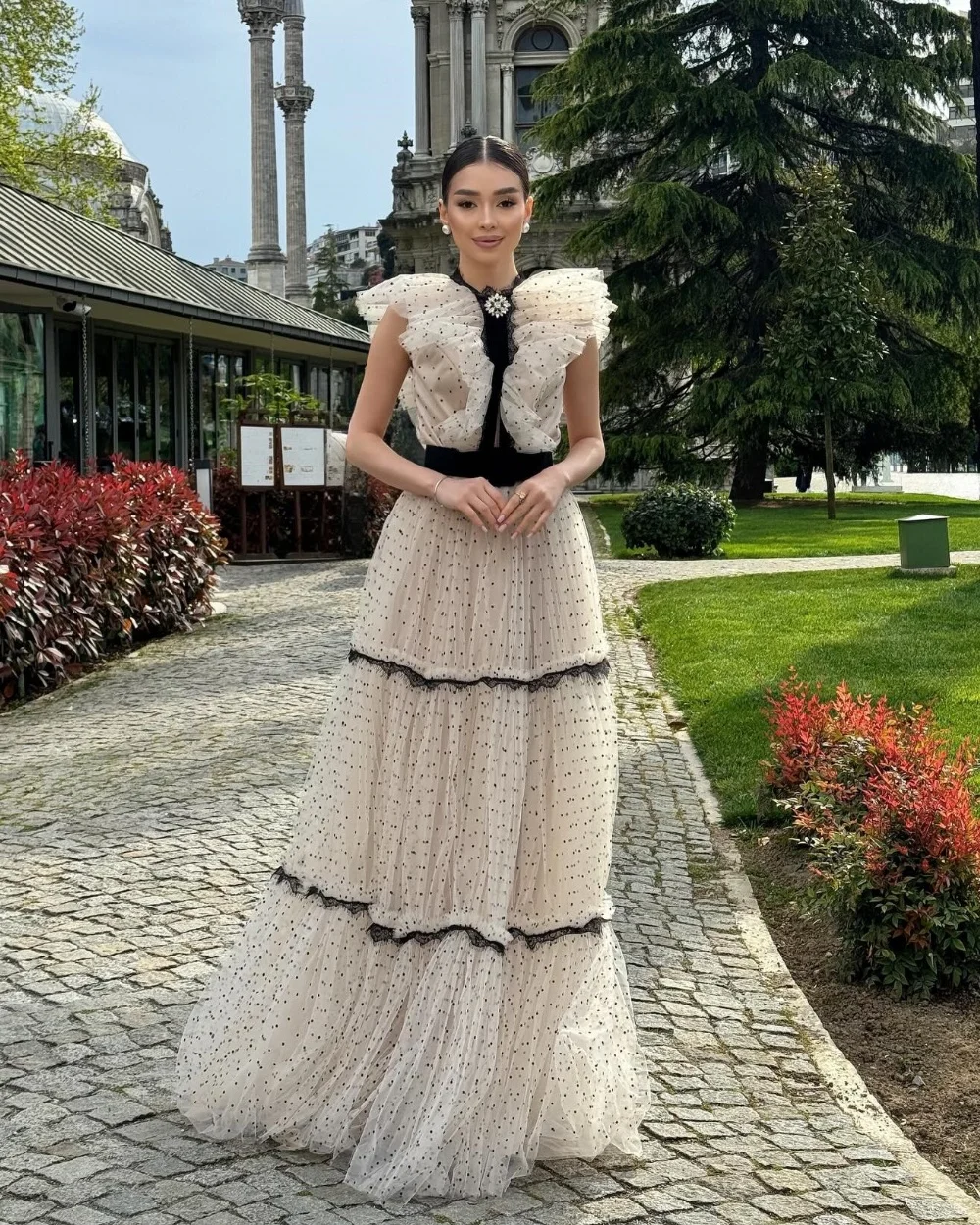 Customized Retro High Quality Tulle Pleat Rhinestone Ruched A-line High Collar Floor-Length Evening Dresses For Birthday Party