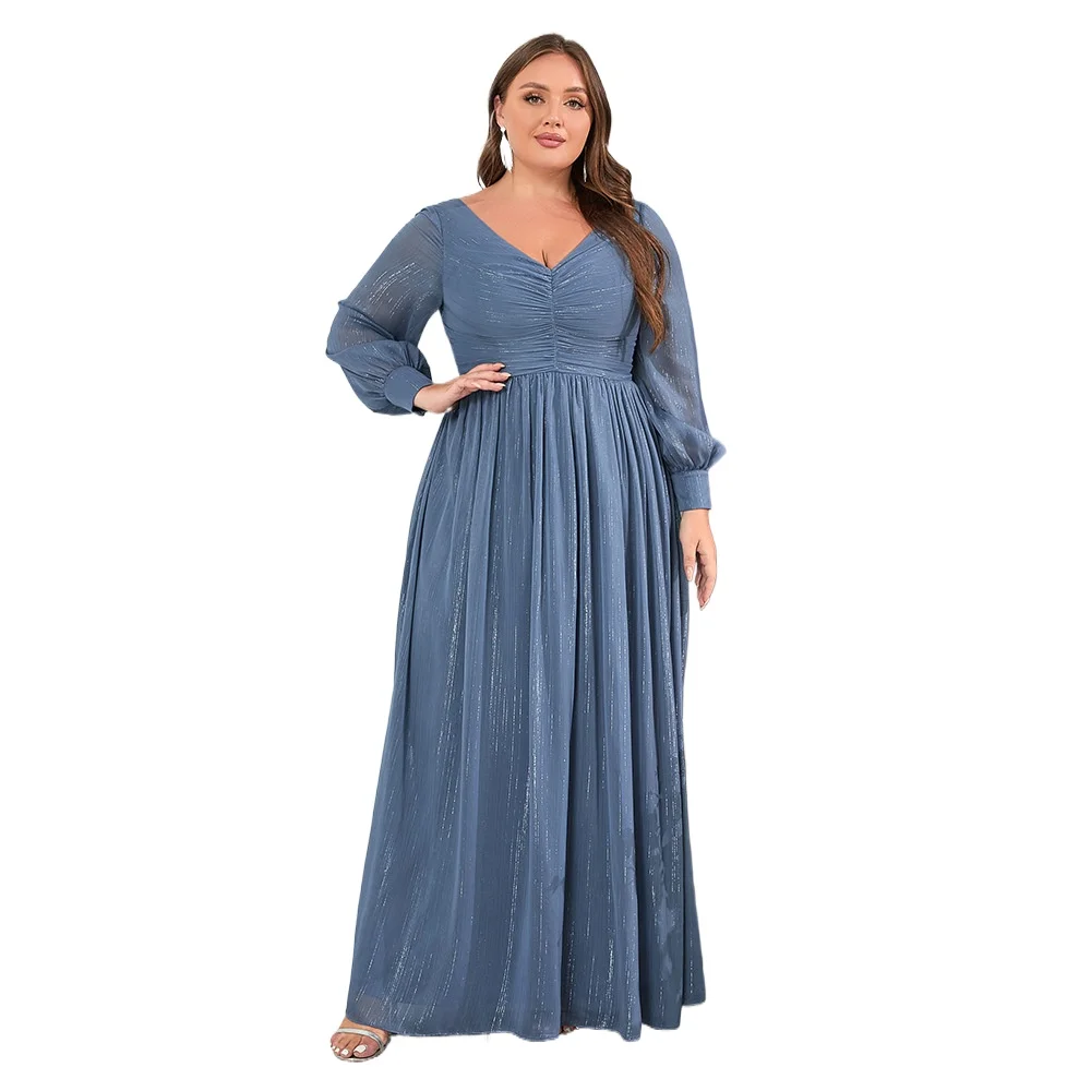 

Shining Long-sleeved Double V-neck Pleated Ruched Long Plus Size Formal Evening Dress Dusty Blue