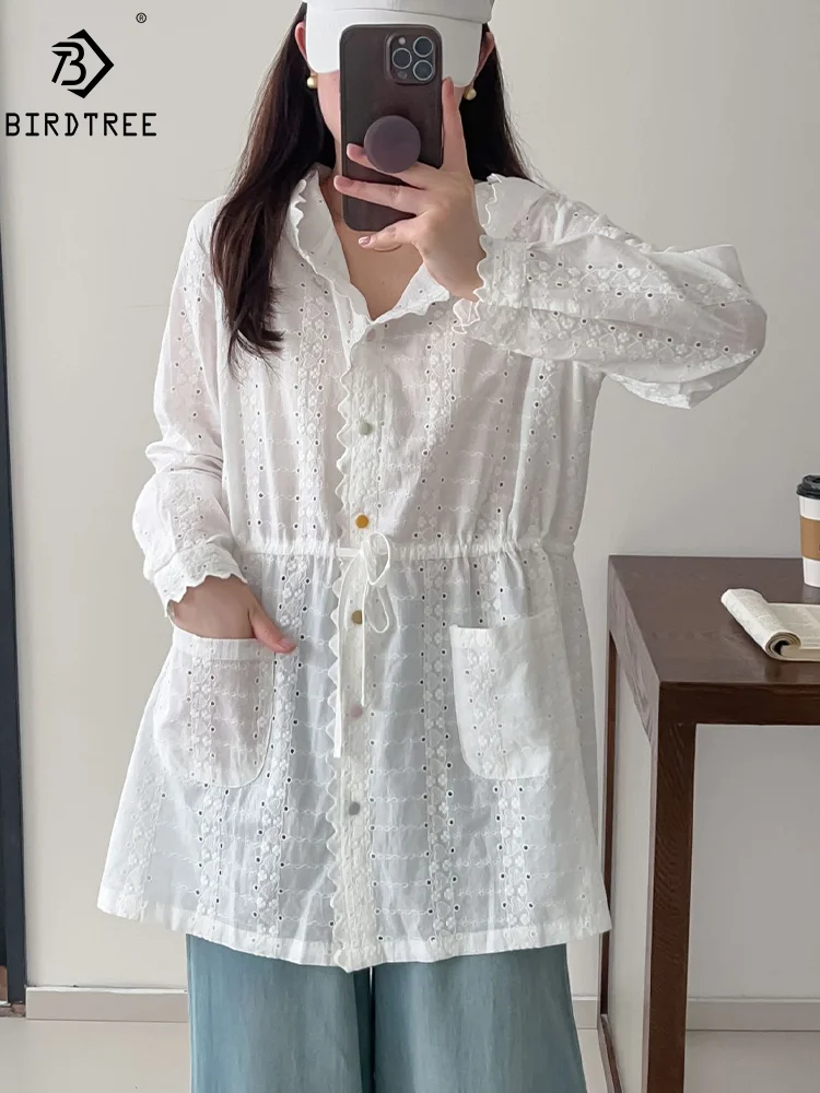 

New Summer Cotton Anti-sunburn Coat, Women Hooded Embroidery Hollow Out Shirt, Fashion Casual Loose 2024 Autumn Top C48169QM