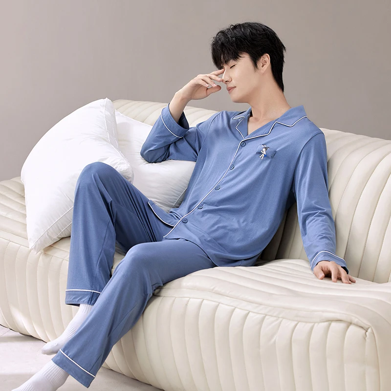 Winter Pajamas Set Men Button-Down Warm Pijamas Hombre Cotton Sleepwear Homeclothes PJ Blue Pyjama 2024 New