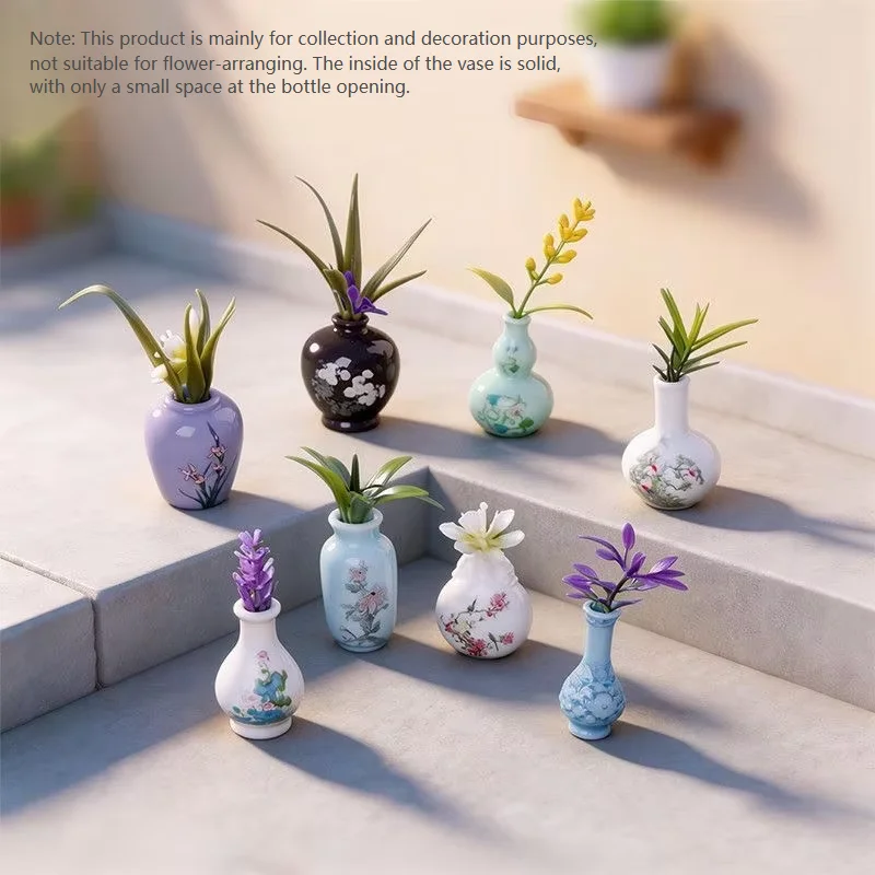 8pcs Simulation Porcelain Resin Mini Vase Vintage Micro Landscape Ornament DIY Flower Bottle Home Decor Graduation Holiday Gift