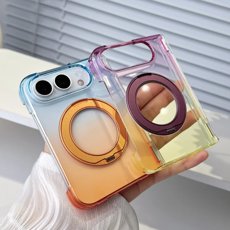 Pour Magsafe Magnétique 360 ° Étui de téléphone pliable en PC rigide avec support métallique rotatif, dégradé de couleurs transparentes, pour iPhone Ultra, coque de protection