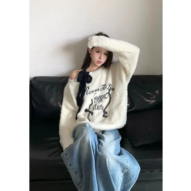 Korejpaa America Style Sweaters Women Imitation Mink Fur Pullover Sweater Streetwear Jacquard Off Shoulder Tie Casual Top