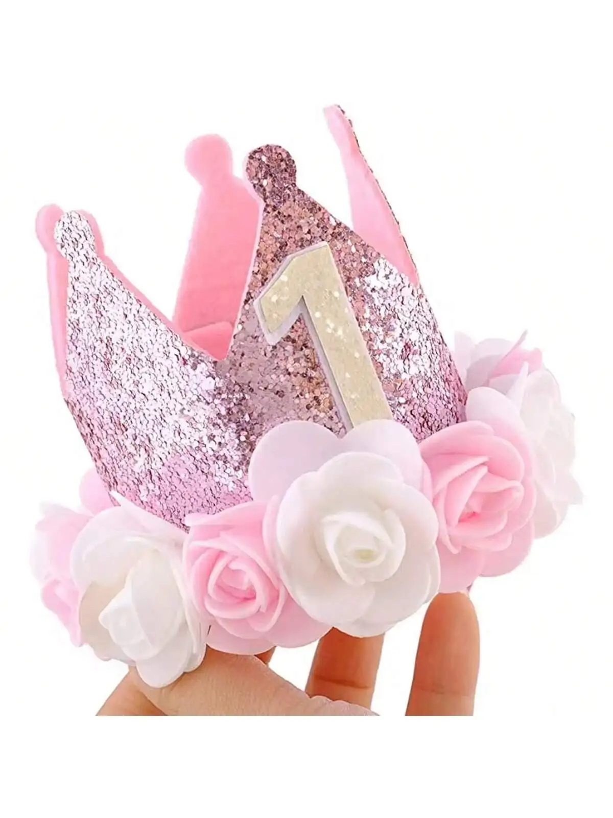 Pink White Rose 1 Year Old Crown Hat Happy Princess Birthday Decor Kid Baby Girl 1st Hat Birthday Photo Props Hat для ведьм