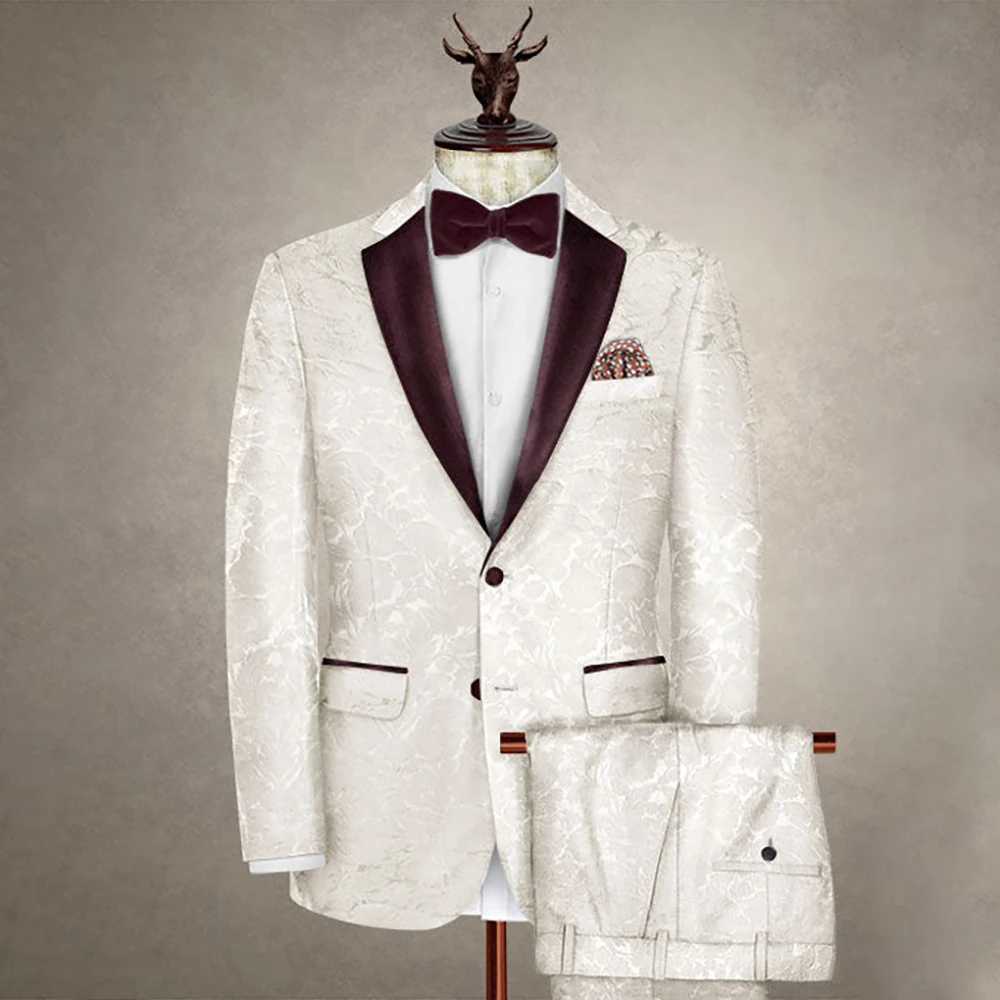 Elegant Jacquard Mens Suits For Wedding Groom Tuxedos 2 Pieces Business Male Suit Jacket Blazer Bespoke Ternos Completo