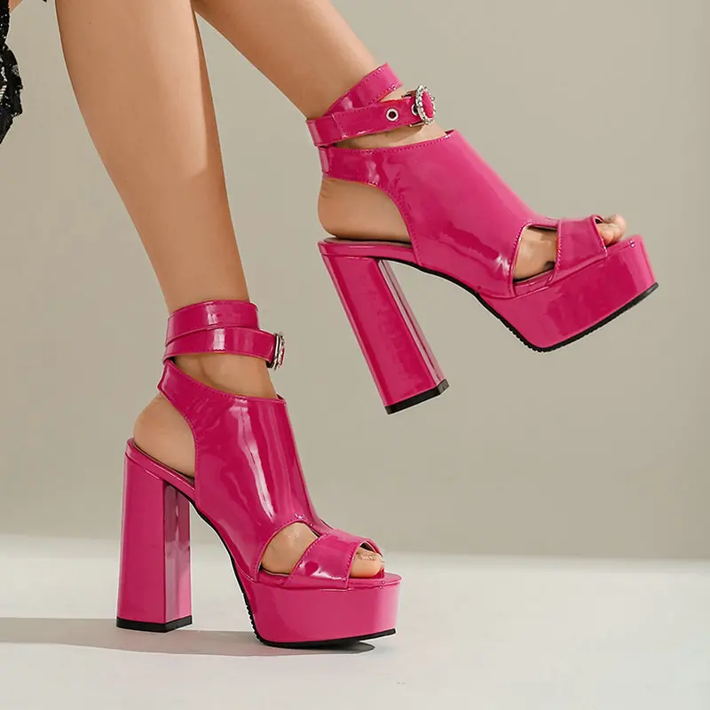 Summer Peep Toe Neon Green Fuschia Color Block High Heeled Woman Shoes Ankle Cross Strap Gladiators Platform Heels Sandals Women