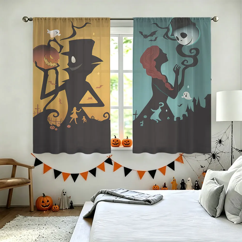 2Pcs Halloween Witch Gentleman Silhouette Rod Pocket Curtains Double Sided Window Drapes Light Blocking Privacy Curtains for