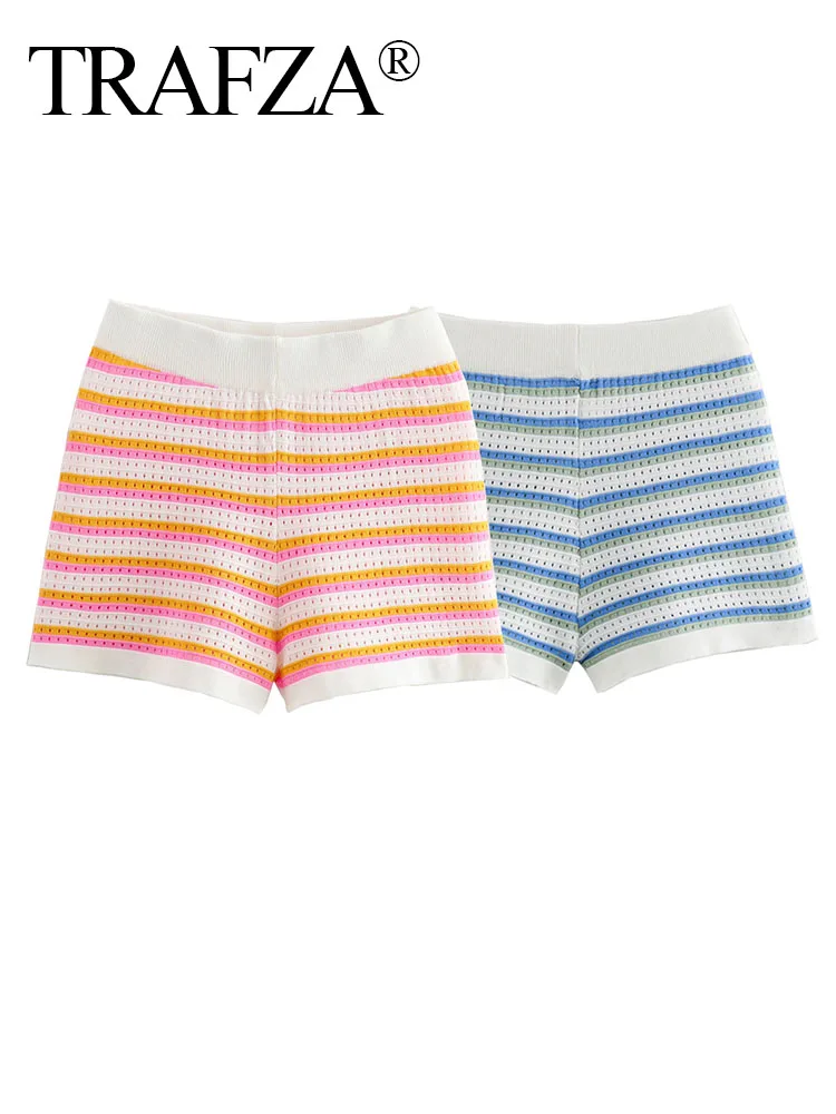 

TRAFZA Summer Female Shorts Elastic Waist Tight Short Pant Hollow Women's Knitting Sweet Style Women's Mini Shorts Y2k Mujer