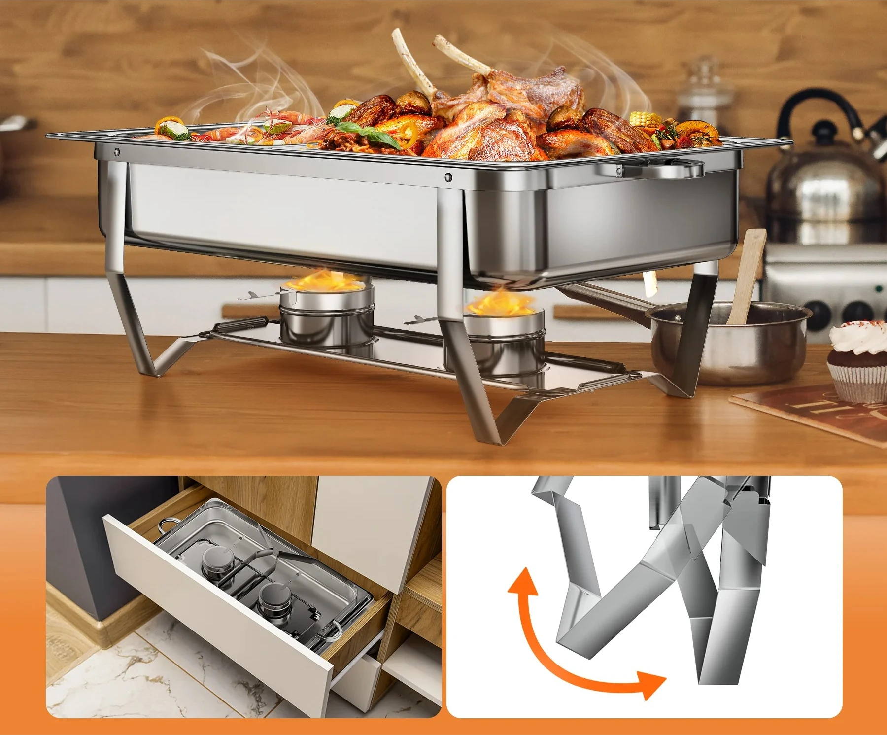 Factory Direct 2026 8 Qt 4 Pack Chafing Dish Buffet Set Stainless Steel Chafer with  Full Size and Half Size Pans Catering Warme