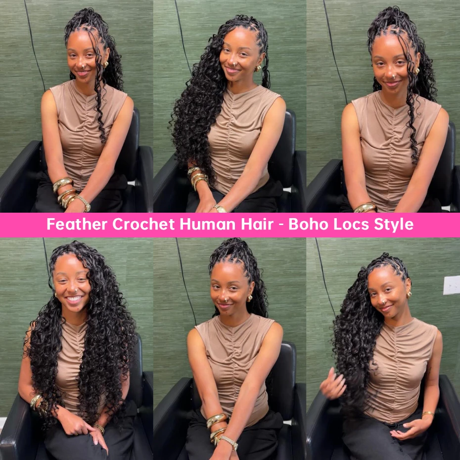 Natural Deep Wave Feather Crochet 100% Human Hair Invisible Miracle Knots Hair Feathered Crochet Human Hair Pre Looped 4 27 Highlight Colored Boho Braids Malaysian Hair Weave Bundles Pre Braided Remy Deep Curly Human Hair Extensions - view 6