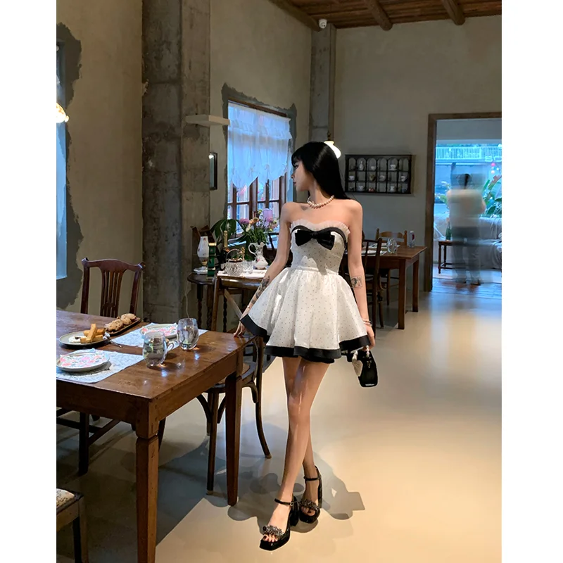 White Dress Womens Dress Sleeveless High End Exquisite Wave Point Skirt Fashion Patched Lace Bow Top Princess Fluffy Skirt Dress