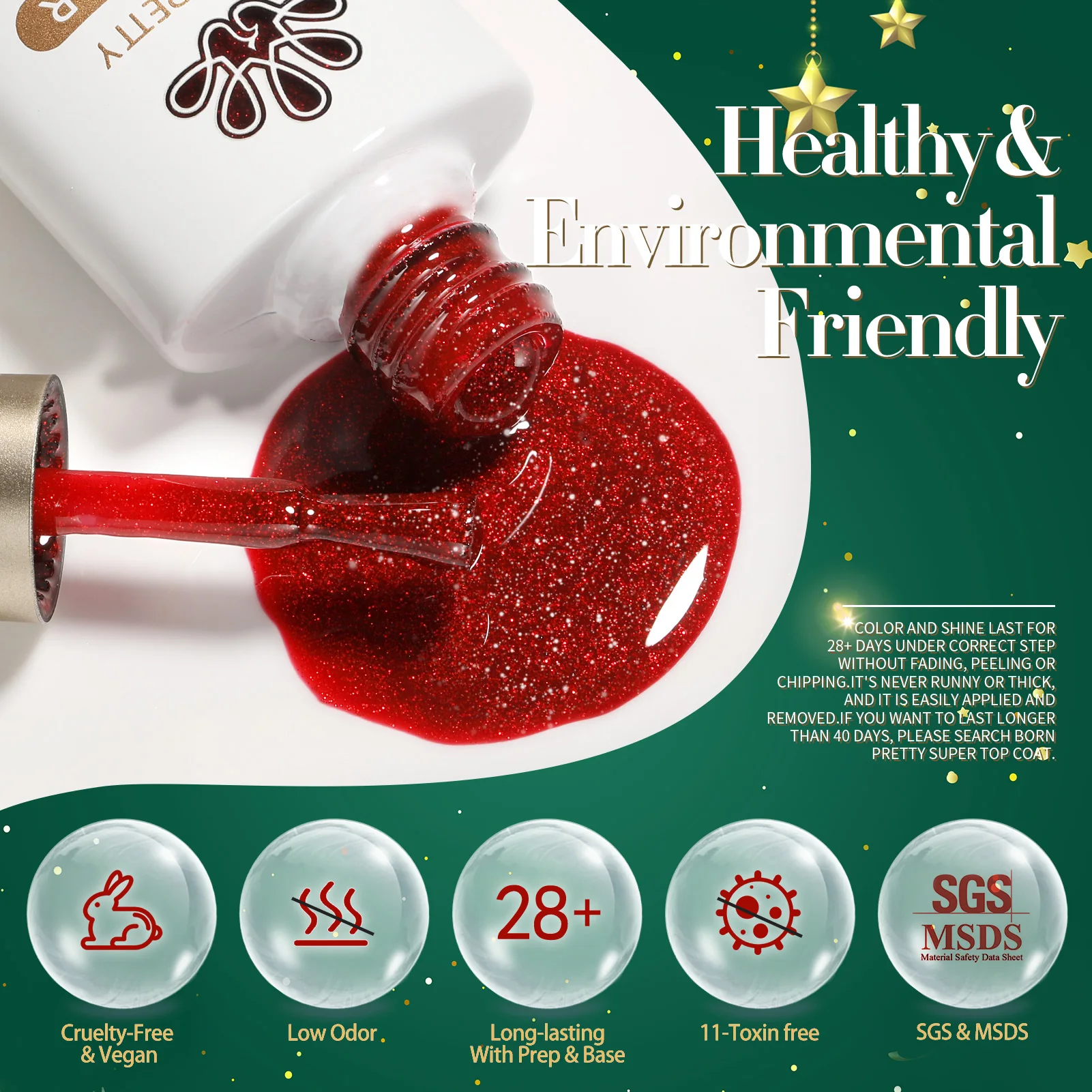 BORN PRETTY クリスマスグリーン グリッタージェルネイルポリッシュ 10ml スパークリングレッドグリッター ホワイトゴールド シルバー サンタ ウィンタースノーフレーク ソークオフ