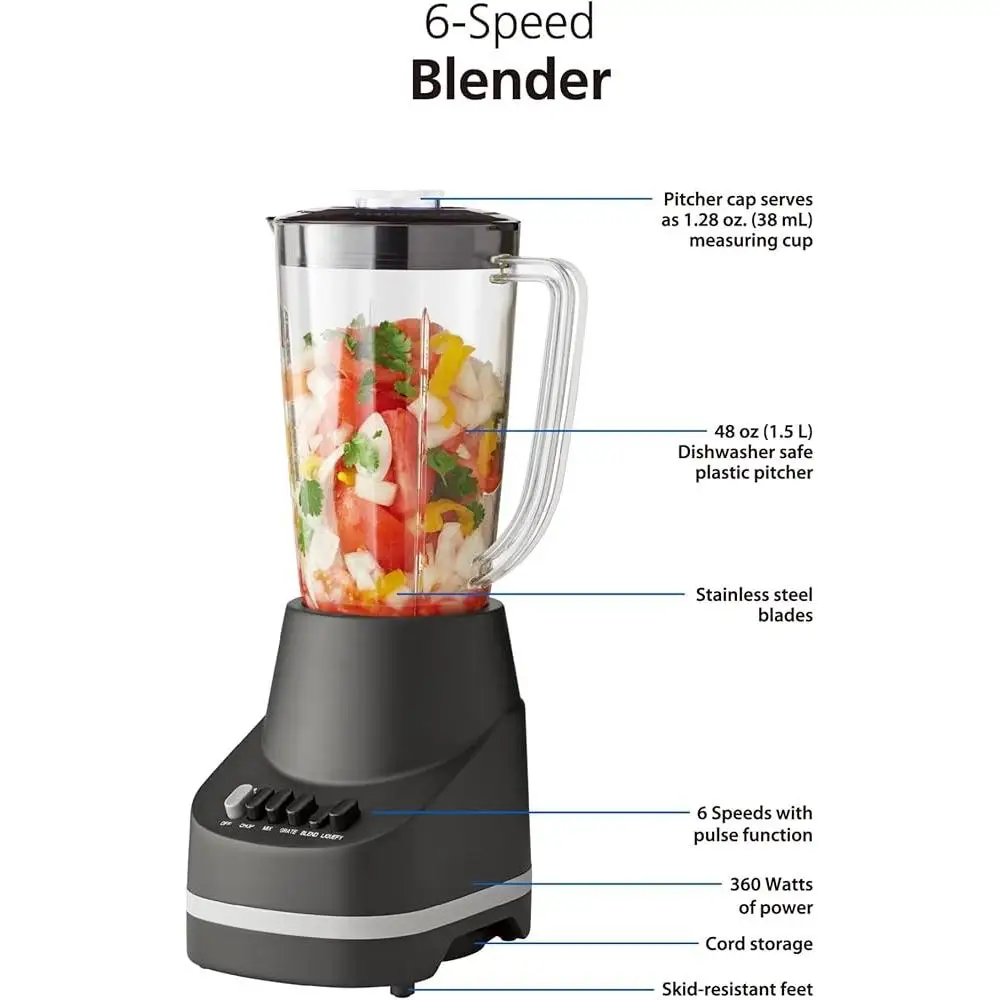 خلاط عالي الطاقة 6 سرعات مع إبريق آمن للاستخدام في غسالة الأطباق سعة 48 أونصة، شفرات من الفولاذ المقاوم للصدأ، غطاء قياس مقاوم للانزلاق، مثالي