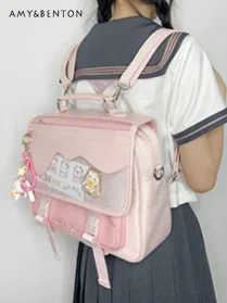 Japanese Style Sweet Girl Transparent Large Capacity Backpack Preppy Style Cute Splicing Color Leather Messenger Bag Students