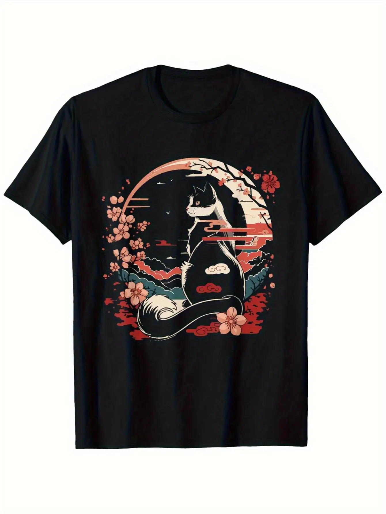 Japanese Anime Cat and Cherry Blossom T-shirt - Vintage retro unisex T-shirt, round neck short-sleeve shirt, featuring Japanese text and anime patterns, a casual gift for cat lovers, geisha style clothing, suitable for all seasons