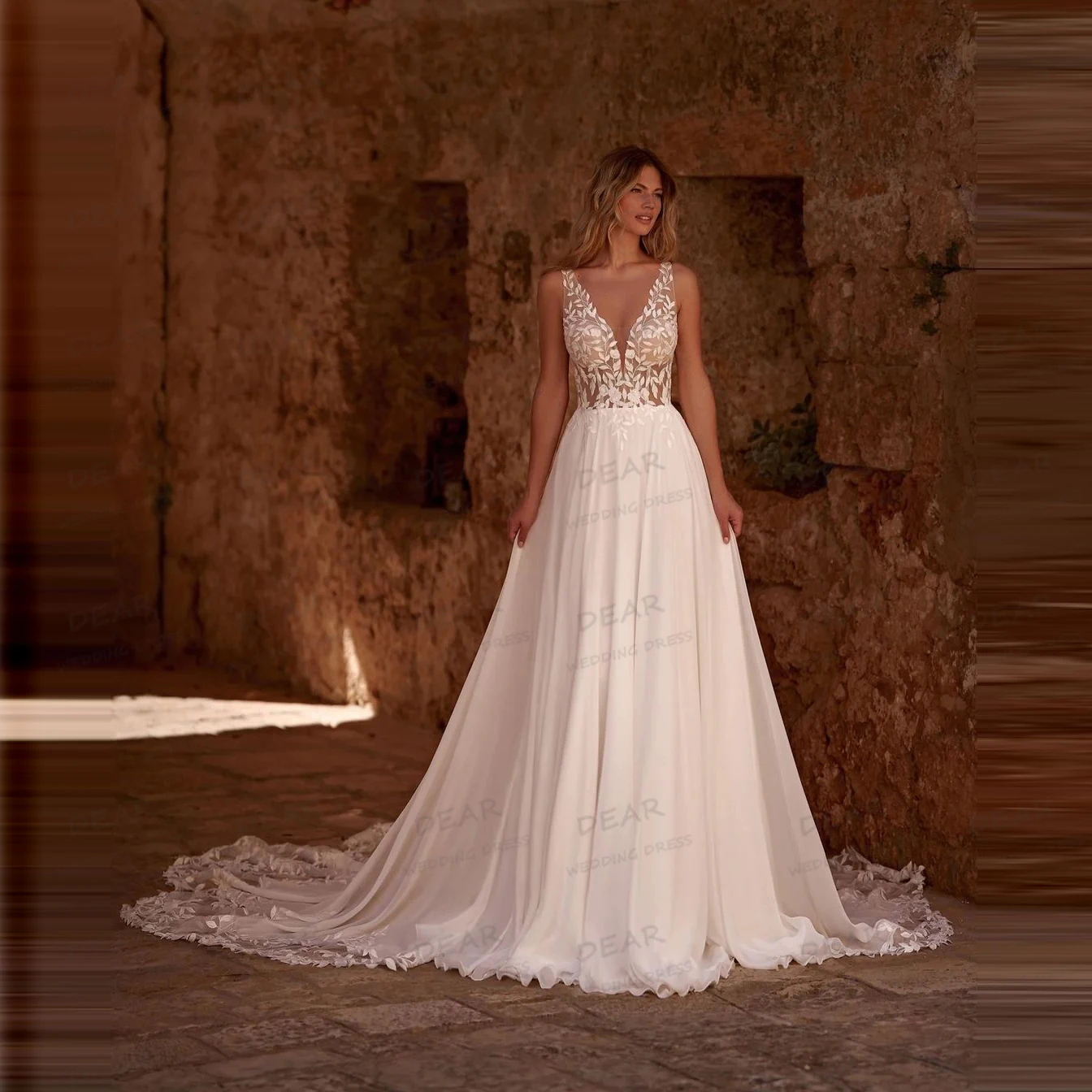 

Luxury Wedding Dresses Women's A Line Sexy Appliques Bridal Gowns Boho Sweep Train V Neck Backless Vestidos De Novia Customized