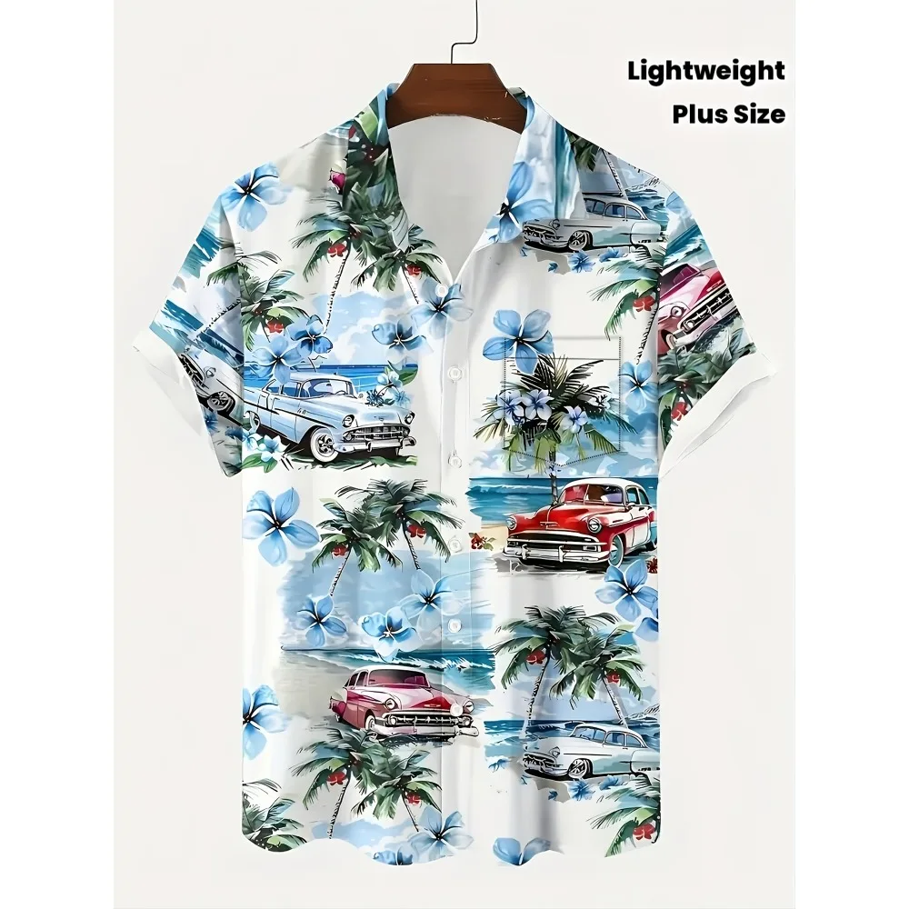 Men Vintage Classic Car Palm Tree Plumeria Print Hawaiian Shirts Multiple Patterns Loose Lightweight Plus Size Beach Tops