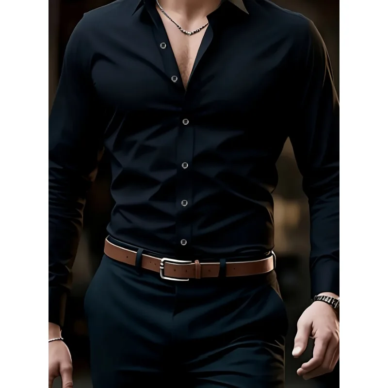 The men's long-sleeved button-down shirt is made of a comfortable and soft fabric with good elasticity, suitable for various occ