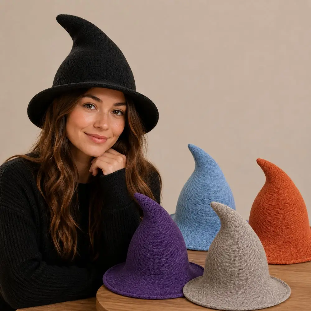 Vintage Wool Knit Halloween Witch Hat Solid Color High Quality Party Hat Foldable Pointed Design Pointed Hat For Women