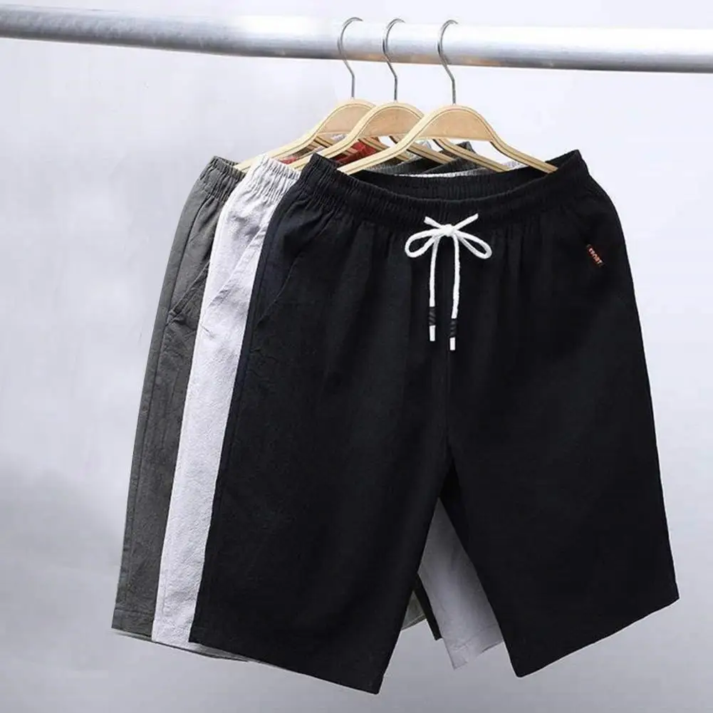 Men Shorts Solid Mid-Waist Pockets Quick Dry Drawstring Summer Lace-up Knee Length Shorts Joggers Fitness Beach Short Pants