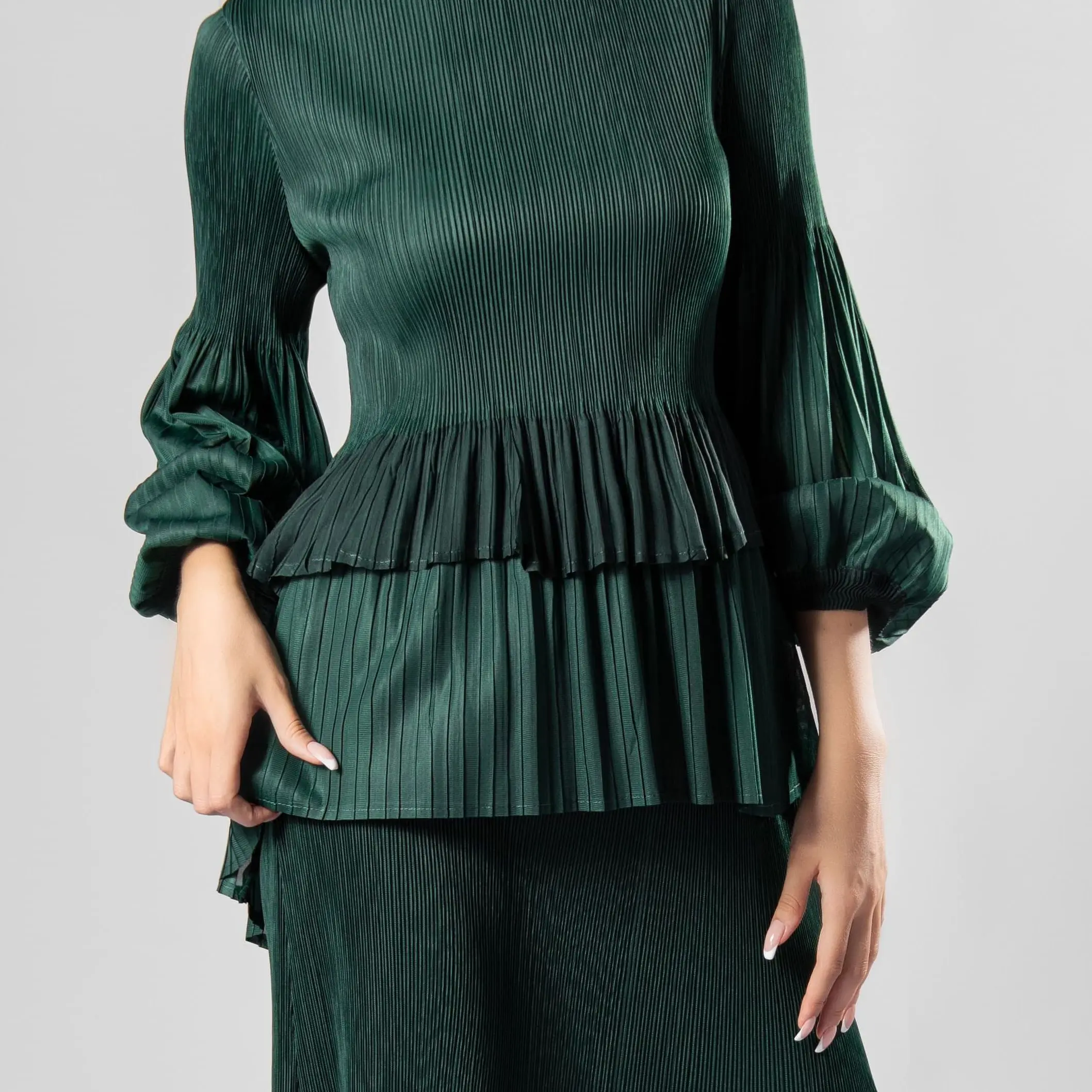 Miyake Green Long Puff Sleeve Dress for Women, Skirt Sets, Robe, Party, Fiesta, Prom,Pink,Pleated Two Piece Set,Church,Plus Size