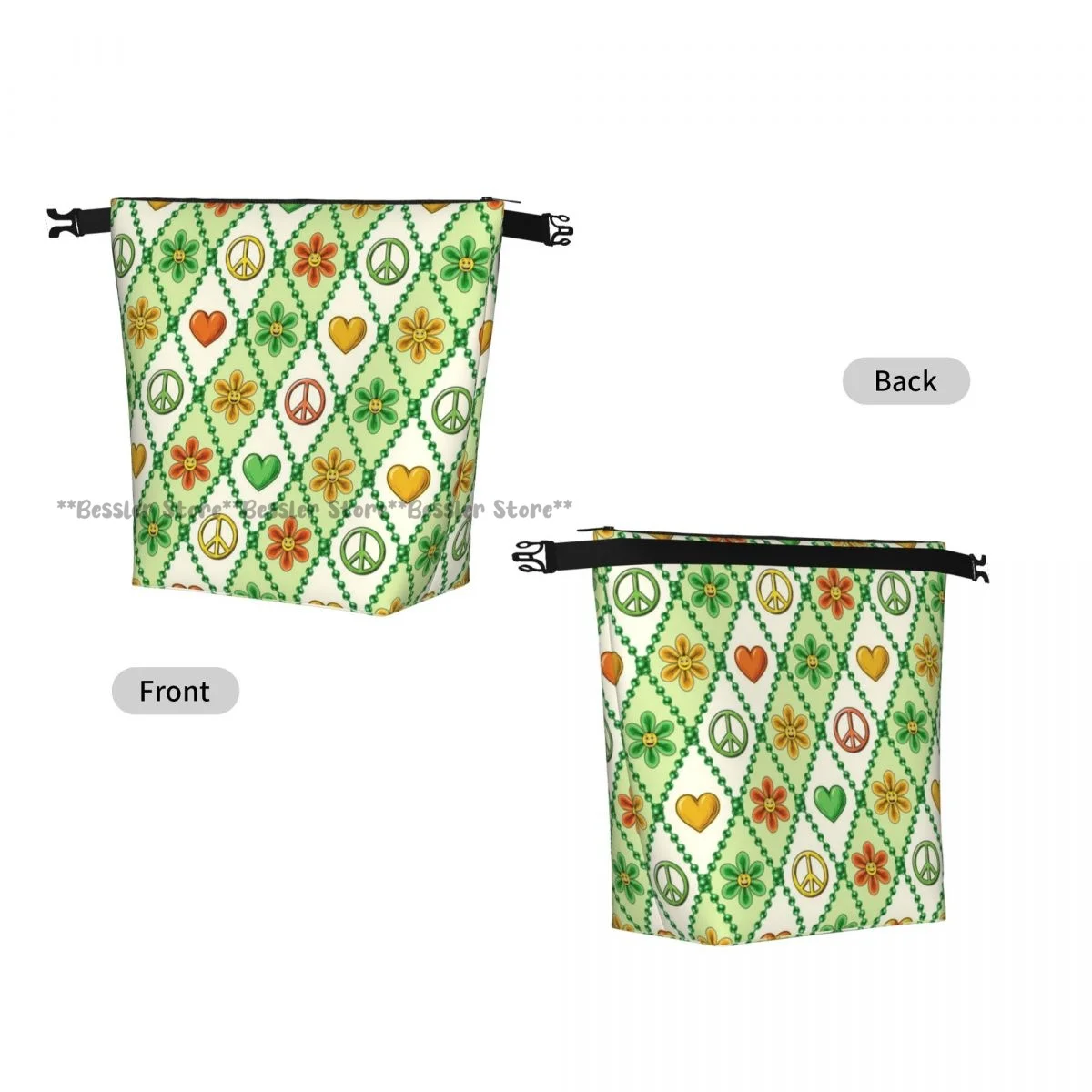 Roll-Top Insulated Lunch Bag Chamomile Flower Heart Peace Sign Thermal Bento Box Bag Portable Cooler Bag for Picnic