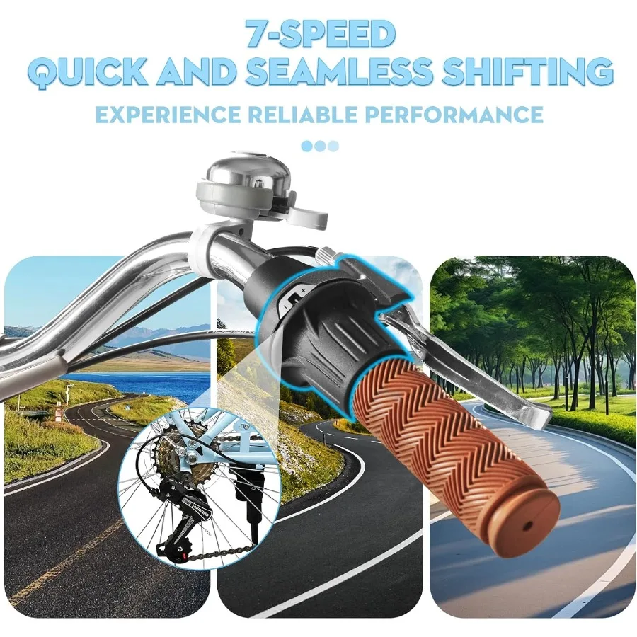 Bicicleta dobrável de praia cruiser de 26 polegadas para mulheres com engrenagens de 7 velocidades, cesta integrada e rack traseiro projetada para uma cidade confortável C