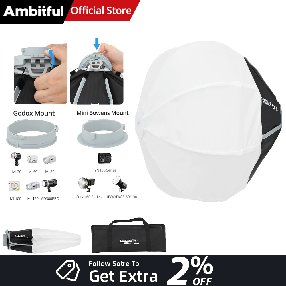 AMBITFUL Q1 30cm Softball Softbox Quick-Setup Mini Bowens/GODOX Speed Ring Mount With Grid For GODOX,Yongnuo YN150,Forza 60Serie