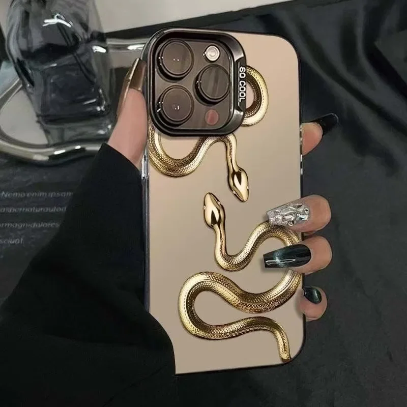 Gold Snake Print Case for IPhone 16 15 14 13 12 11 Pro Max XS X XR 8 7 Plus SE Silver Plated Cover