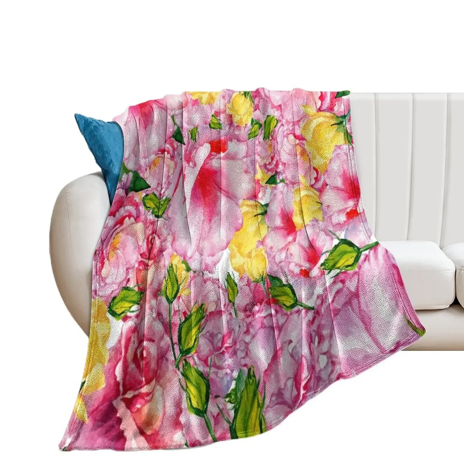 

Modern hand painted neon pink yellow watercolor roses floral Throw Blanket Vintage Luxury Throw Travel Blankets