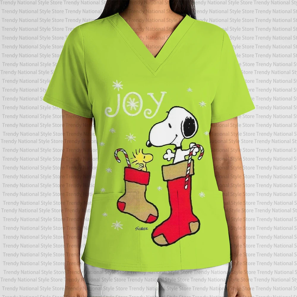 2025 جديد المرأة عيد الميلاد سلسلة الكرتون أنيمي قصيرة الأكمام العمل موحدة الخامس الرقبة طباعة فرك هدية عيد ميلاد تي شيرت #5