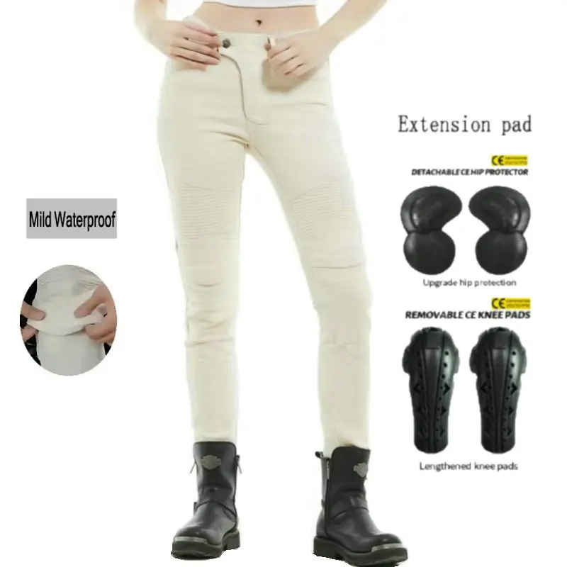 

Female Motorcycle Knight Riding Protection Jeans Pure White Motocross Straight Loose Pants Daily Cycling Protective Trousers