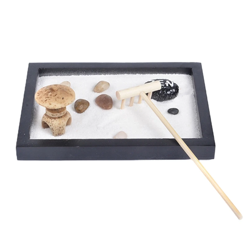 Japanese Garden for Desk 6x4 Inches Large Tray White Sand River Pebbles Rake Tools Set Office Table Mini Dropship