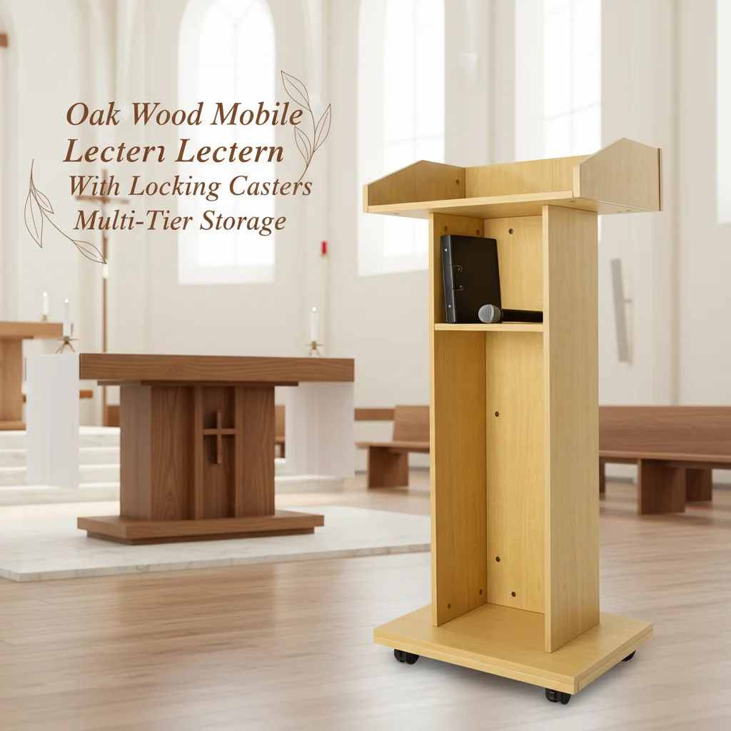 

Mobile Wooden Podium Stand 43.3", Oak Finish Lectern with Lockable Wheels & Storage Shelves, 66 lbs Capacity Portable Speech Desk for Church, Classroom, Conference