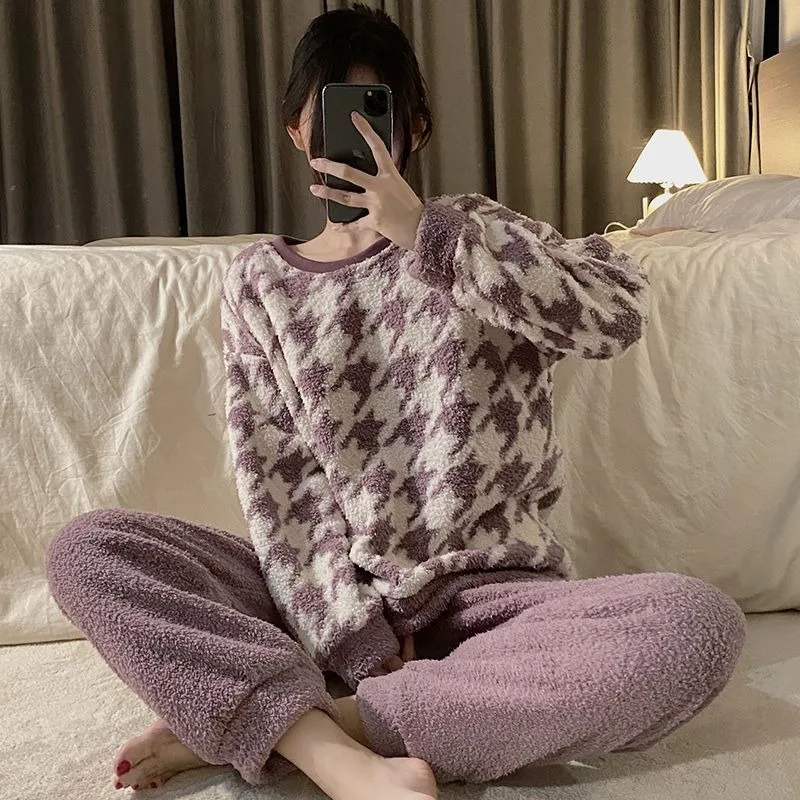 2023 New Coral Velvet Pajama Women Autumn Winter Sleepwear Thickened Warm Loungewear Two Piece Flannel Round Neck Homewear Suit